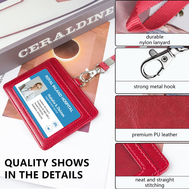 Teskyer Badge Holder with Lanyard, Leather ID Name Badge Card Holder with Lanyard for ID Badges, Horizontal Wine Red - Image 3